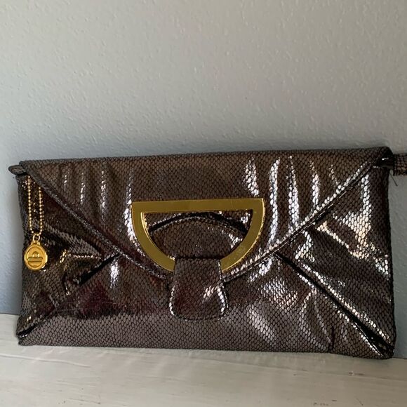 Big Buddha Metallic Gray Reptile Print Clutch With Gold Accents - Picture 1 of 3